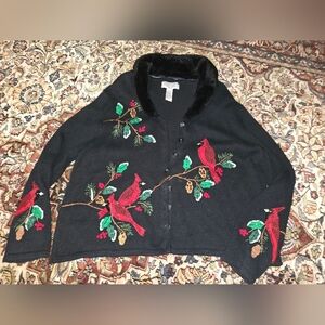 Tiara Cardinal Cardigan Beaded Faux Fur Collar Black Womens Sz 22/24